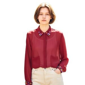 Mustard Seed Womens Top Sz S‎ Red Sheer Jewels Collar Cuffs Cropped Blouse Shirt